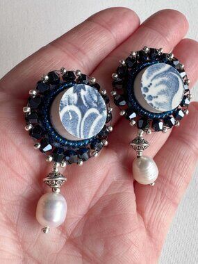 Upcycled Ceramic Pearl Dangle Earrings Blue Statement Studs